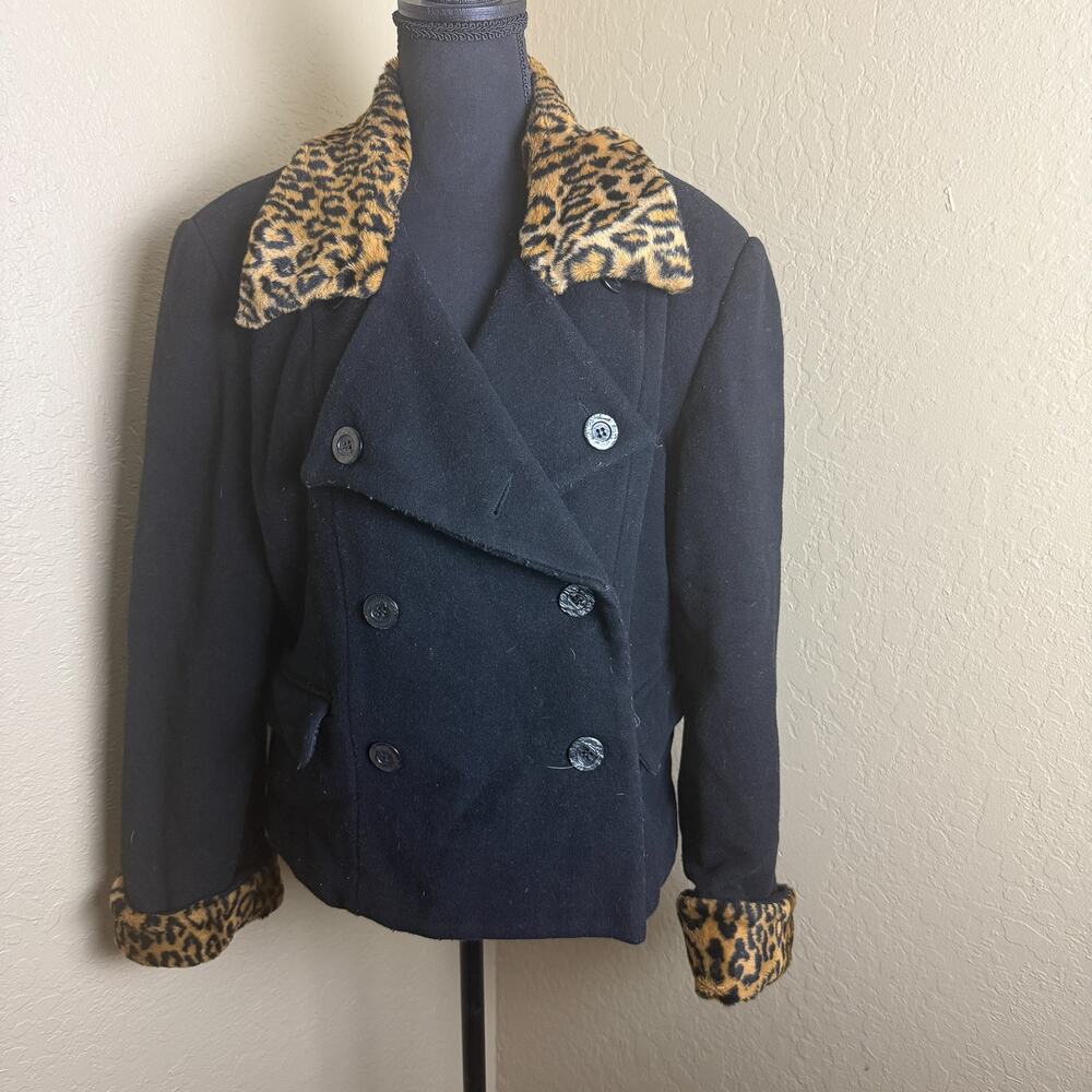 Braetan Women’s Black Wool Blend Peacoat Leopard Faux Fur Trim Size L